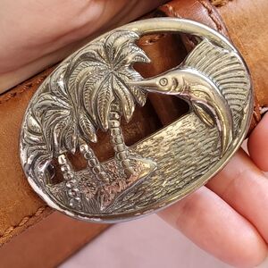 Vintage Tommy Bahama Brown Leather Belt with Silver Marlin Palm Trees Buckle